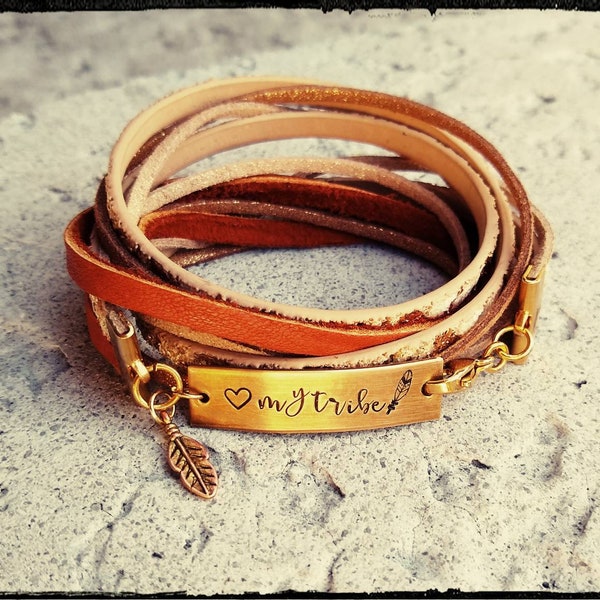 My Tribe • Deerskin & Gold  Shimmer Leather Wrap Bracelet | Hand Stamped NuGold Bar | Gold Feather Charm | Boho/Hippie/Gypsy • love my tribe