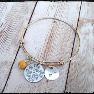 She believed She Could so She Did • Hand Stamoed Charm Bangle | Stainless Steel | Jasper Bead | Arrow • Inspirational Quotes/Gift for Her