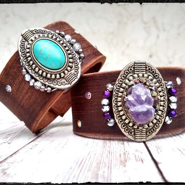 Distressed Leather & Stone Cuff • Faux Turquoise or Real Amethyst/Pyrite | Crystal Rivets | Chunky Leather Bracelet | Cowgirl/Boho/Hippie