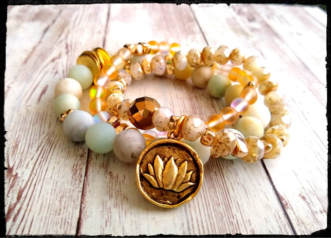 Lotus Stack Set of 3 Beaded Stretch Bracelets Amazon Stone Czech Beads Mermaid Glass Lotus Charm Gold Accent Beads Etsy Canada