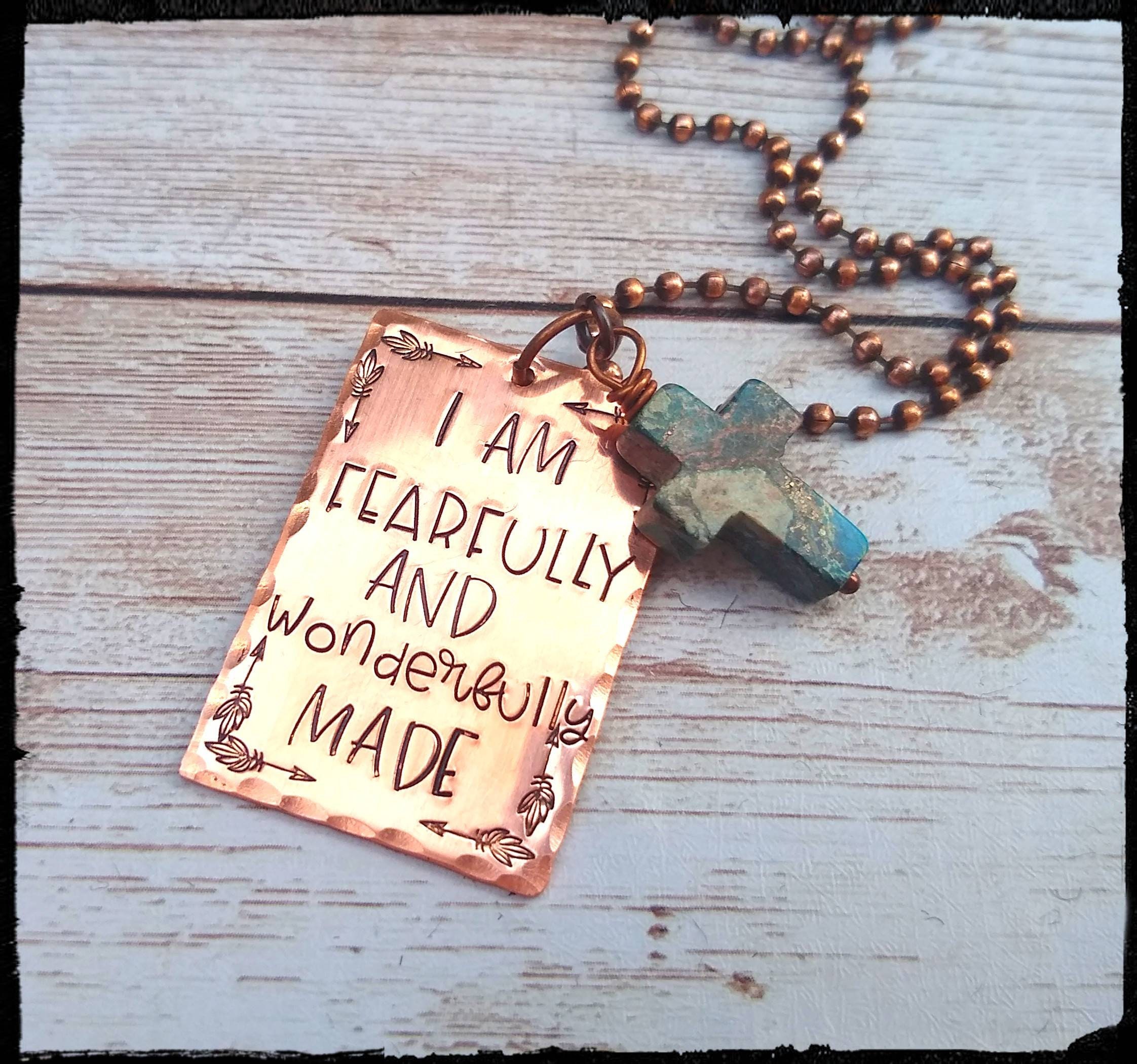 I am Fearfully and Wonderfully Made • Hand Stamped Copper Scripture Necklace | Psalm 139:14 • Blue Jasper Cross |Oxidized Copper Bead Chain