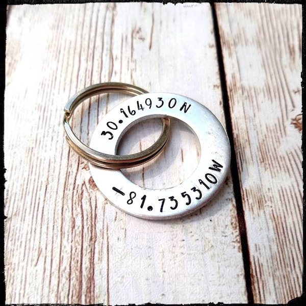 Coordinates Keychain • Hand Stamped Lat/Long | GPS | Aluminum Ring Washer | Round Keychain | Driver Gift | Personal/Custom Keychain