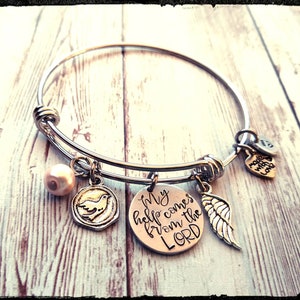 Psalm 121 • Charm Bangle | Hand Stamped Scripture Charm | Wing | Dove | Pearl Bead | Stainless Steel or Silver Plated | Religious/Christian