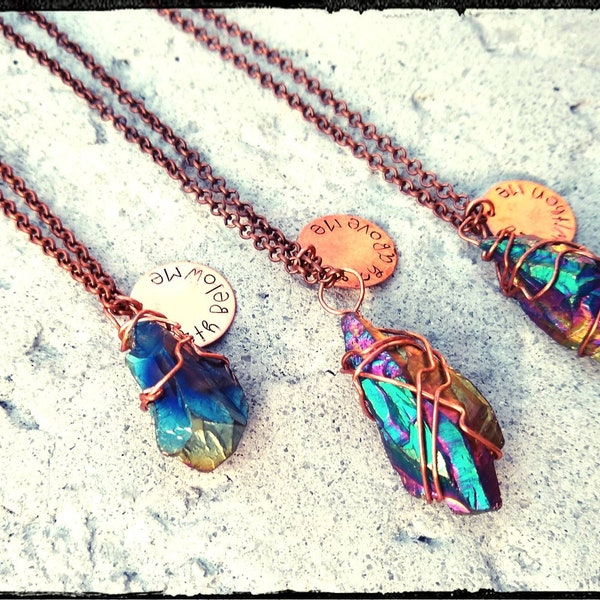 Titanium Rainbow Aura Lemurian Quartz Wrapped Pendant Necklace | Copper Wire & Chain | Stamped Copper Disc Option | Healing Crystal | Gift