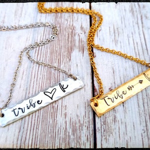 Tribe & Initial • Hand Stamped/Textured Silver Pewter/NuGold Bar Necklace | Friends/Family/Bridesmaid/Shower/Wedding/Party | My tribe