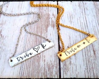 Tribe & Initial • Hand Stamped/Textured Silver Pewter/NuGold Bar Necklace | Friends/Family/Bridesmaid/Shower/Wedding/Party | My tribe