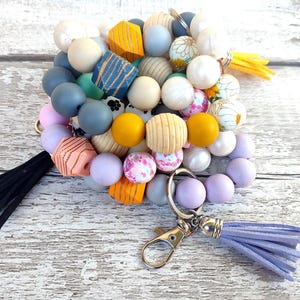 Silicone & Wood Beaded Key Wristlet •  Keychain Bracelet | Choose Color Combination | Tassel Optional | Stretch Keychain Bracelet