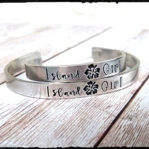 Island Girl • Solid Pewter Cuff Bracelet • Hand Stamped | Hibiscus Flower/Flip Flops | Mom & Me |Silver Beach Jewelry | Friend/Family Gift