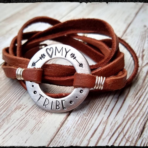 My Tribe • Deerskin Leather Wrap Bracelet | Hand Stamped Aluminum Ring Arrow Accents | Boho/Hippie/Gypsy • Gift for Her