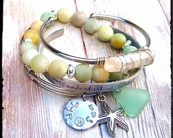 Gyp•Sea Sea Glass Charm Bangle | Natural Aqua Sea Glass | Stainless Steel Silver or Gold Charm Bangle | Stamped | Stacking Bracelet/Gift