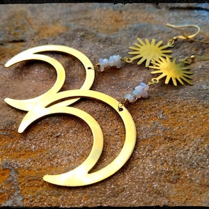Large Moon Earrings • Raw Ethiopian Opal • Gold Suns & Moons | October Birthstone | Hippie/Gypsy • Solid Brass Long Statement Earrings