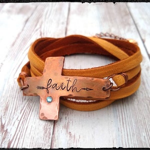 Faith • Copper Cross & Leather Bracelet | Hand Oxidized/Hammered/Stamped Copper | Swarovski Crystal Birthstone | Boho | Christian Jewelry