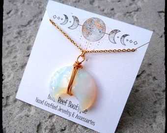 Opalite Moon • Carved Opalite | Wire Wrapped Opalite Necklace | Gold or Silver | Wire Opalite Moon Crescent | Boho Necklace | Gift for Her
