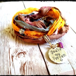 Sari Bracelet • Custom script | Purple/Golden Sari Silk Wrap Bracelet |Silver Accents | Hand Stamped Charm Choose Phrase |Boho/Hippie