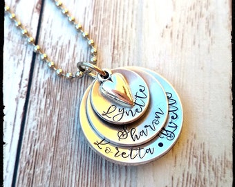 Mother&#39;s Charm Necklace • Hand Stamped Children&#39;s Name Charms | Stacking Charms | Heart | Tree Symbol | Mother&#39;s Day Gift | Gift for Her