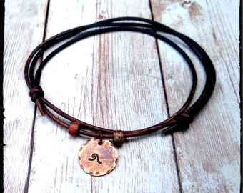 Wave • Leather Choker/Necklace/Bracelet/Anklet • Adjustable Leather/Hand Stamped Copper Wave Charm | Accent Beads • Surfer/Unisex/His or Her