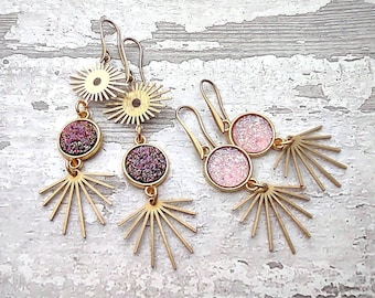 Druzy Rays • Gold Sunburst & Druzy Earrings | Choose Druzy Color | Resin Druzy Crystal  Earrings | Hippie/Gypsy/Boho | Golden Brass Earrings