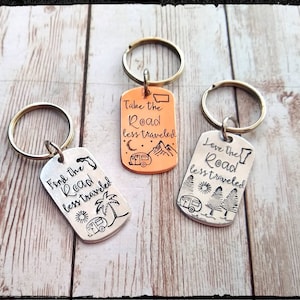 Outdoor Adventure State Keychains • Hand Stamped Aluminum or Copper | Road less Traveled | Mountains/Palm Tree/Camper/Evergreen | GIFT