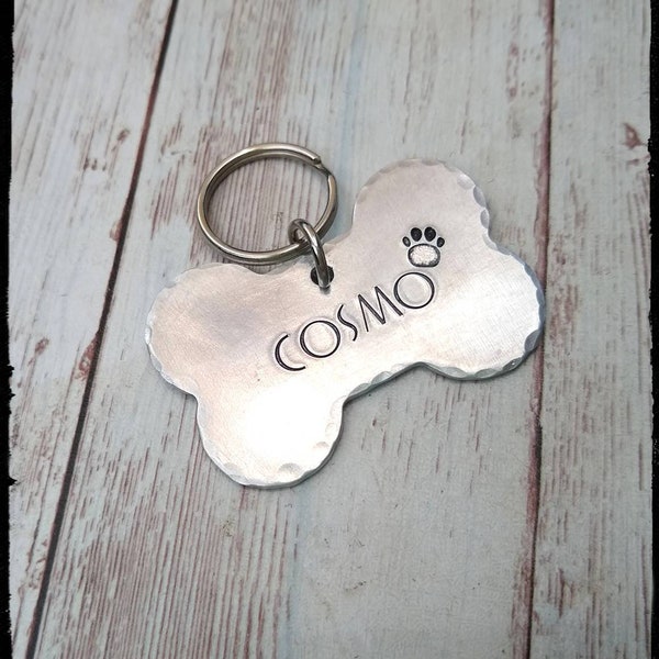 Dog Bone Pet Tag • Hand Stamped Aluminum Tag | Large Custom Dog Bone | Pet ID |  Pet Name | Number | Dog Contact Tag | Silver Name Tag