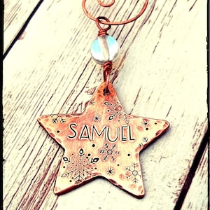 Copper Star Christmas Ornament • Oxidized Hammered/Hand Stamped 1.25&quot; Star | Snowflake Design | Copper or Aluminum Ornament |Custom Gift