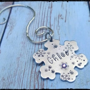 Small Snowflake Christmas Ornament • Personal Name|Hand Stamped Decorated Name/ Crystal Birthstone Snowflake | Custom Family Ornament |
