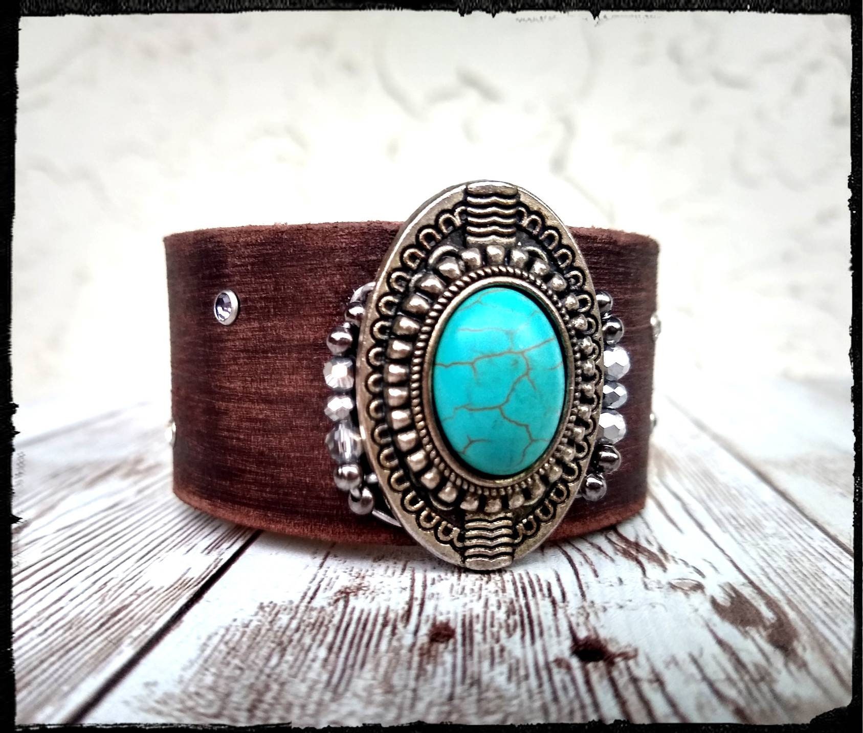 Distressed Leather & Stone Cuff Faux Turquoise Silver | Etsy