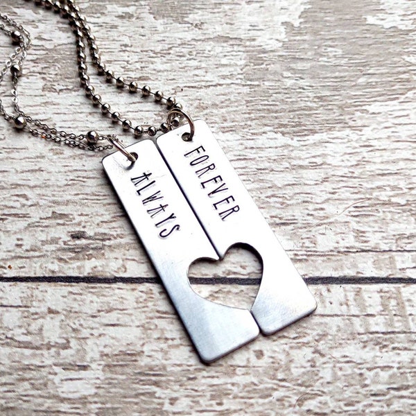 Forever & Always • Couples Necklace Set | Hand Stamped/Hammered Copper or Aluminum | Cut Out Heart Tag Charm | His/Hers Gift | Couples Gift