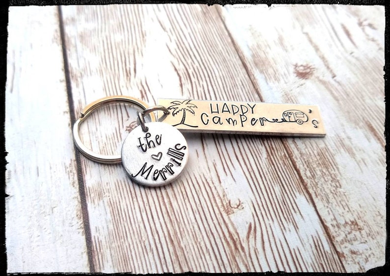Custum keychain Gift Camper Gift OutdoorsCamping Vacation Gift Happy Camper Keychains \u2022 Hand Stamped Aluminum Couples Gift
