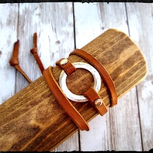 Infinity Circle • Rustic Silver Circle & Leather Wrap | Whiskey or Chocolate Deerskin Leather | Silver Circle | Adjustable Leather | Gift