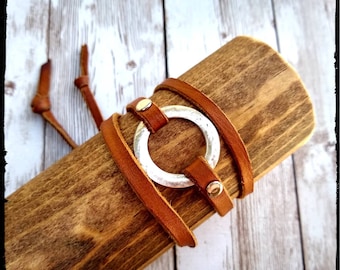 Infinity Circle • Rustic Silver Circle & Leather Wrap | Whiskey or Chocolate Deerskin Leather | Silver Circle | Adjustable Leather | Gift