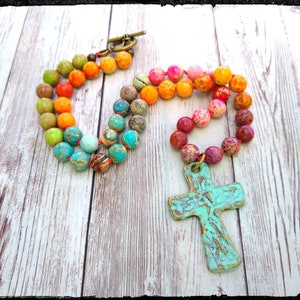 Color Burst • Jasper Cross Short Necklace | Aqua/Orange/Purple/Green | Knotted Silk/Hammered Patina/Brass Cross | Christian/Prayer/Mala/Gift