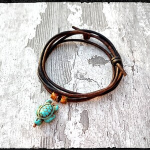 Turquoise or Bone Sea Turtle • Leather Choker/Long Necklace | Adjustable| Adult |Youth | Unisex | Man | Woman |Surfer | Tribal | Hippie
