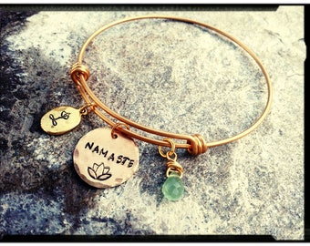 Namaste • Charm Bangle in Golden Stainless Steel | Hand Stamped Charm | Lotus | Green Quartz | Stacking Bracelet | Yoga | Charm Bracelet