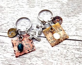 Walk by Faith/Believe & Know • Charm Keychain | Hand Stamped Oxidized Copper or Aluminum | Birthstone Charm | Initial Charm | Scripture Gift