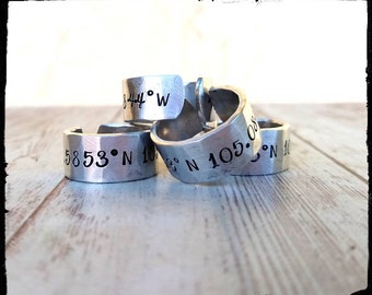 Coordinate Cuff Ring • Hand Stamped Aluminum | Customize/Personalize | GPS/Latitude Longitude | Smooth or Hammered | Gift for Him/Her