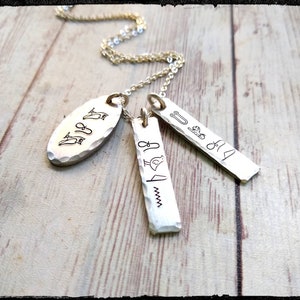 Mother&#39;s Hieroglyphic  Necklace • Child(ren) Name Necklace | Egyptian Symbol Mom Necklace | Solid Pewter Charms | Silver Necklace | Mom Gift