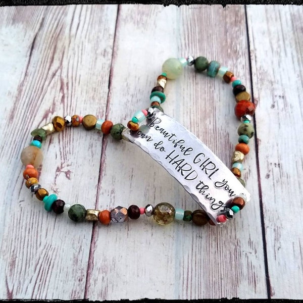 Beautiful Girl you can do Hard Things • Hand Stamped Copper or Silver Beaded Stretch Bracelet | Oxidized/Hammered Copper | Boho/Gypsy/Family