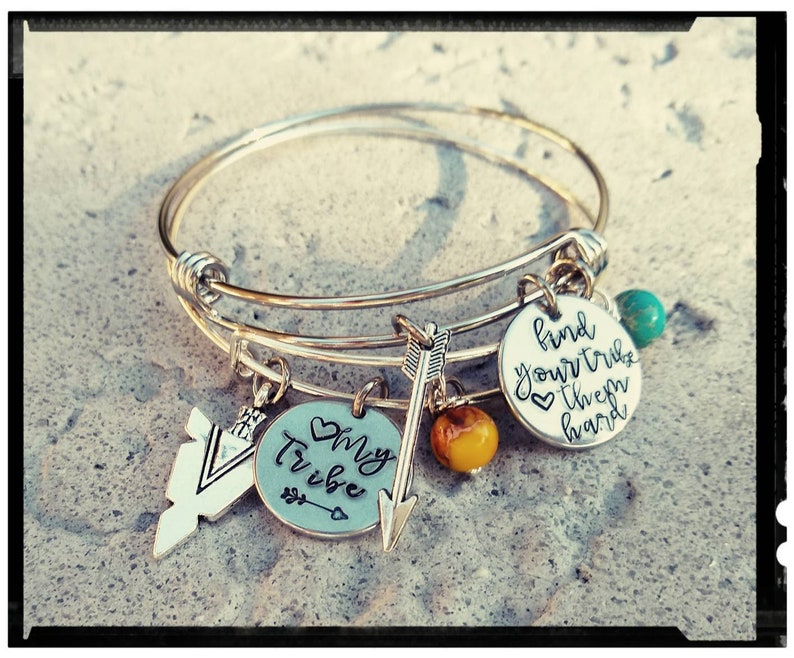 My Tribe Find Your Tribe Charm Bangle Hand Stamped Charm Arrowhead Feather Arrow Jasper Stone Family/Bridesmaid/Friend Gift image 1