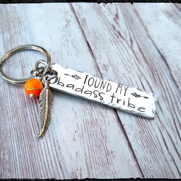 Badass Tribe • Charm Keychain | Hand Stamped & Hammered Pewter | Feather   | Dyed Jasper Stone | Friendship/Family Gift