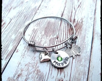 Child Name & Birthstone Bracelet • Toddler/Child Charm Bangle | Stamped Name/ Crystal Birthstone | Choose Charms |Youth/Child | Gift