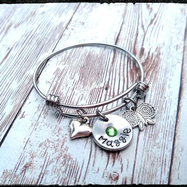 Child Name & Birthstone Bracelet • Toddler/Child Charm Bangle | Stamped Name/ Swarovski Birthstone | Choose Charms |Youth/Child | Gift