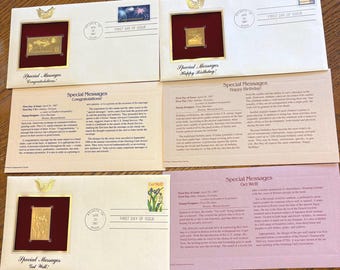 Gold replica First Day of Issue covers April 20, 1987. Special Messages collection. Get well, congratulations, happy birthday. Set of all 3.