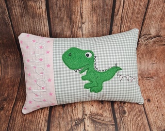 Kleines Kissen mit Namen - Dino - Geschenk zur Geburt oder Taufe - rosa