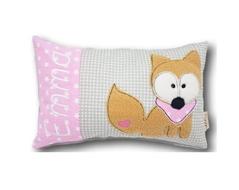 Kissen - sitzender Fuchs - Wunschname - Geschenk zur Geburt - rosa