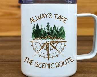 Insulated Coffee Mug Travel Mugs Mountain Adventure Compass Mugs with Handle Gift for Him Gift for Her Hiking Camping Outdoors Scenic Route