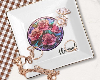 Birth Flower Jewelry Dish Custom Name Stain Glass Flower Art Jewelry Tray Gift Travel Jewelry Ring Birth Month Floral Gold Rim Personalized