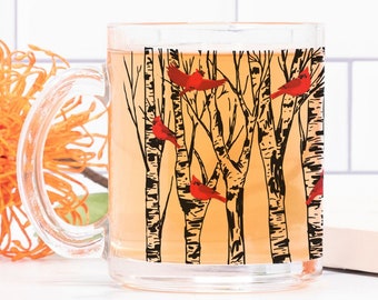 Glass Cardinals on Birch Tree Mug Cardinal Lover Gift Nature Birder Mug Bird Watcher Lover Gift Coffee Mug Lodge Mug for Mom Mothers Day