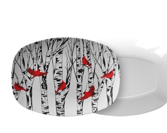 Cardinal Serving Platter 10 x 14 Bird Lover Serving Dish Cardinals Birch Tree Kitchen Home Decor Housewarming Gift Red Birds Nature Lover