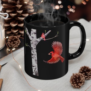Cardinal Coffee Mug Birch Tree Mugs Bird Lover Gift Home Decor Northern Red Cardinals Birds Watcher Gifts for Her Kitchen Accent Watercolor image 1