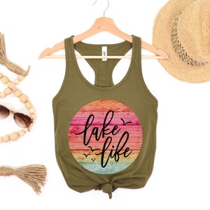 Lake Life Tank Tops Boat Tank Summer Tanks Cute Vacation Girl Trip Racerback Tee Womens Top Retro Sun Beach Shirts Boating Tee Cruise Gifts Solid Military Green